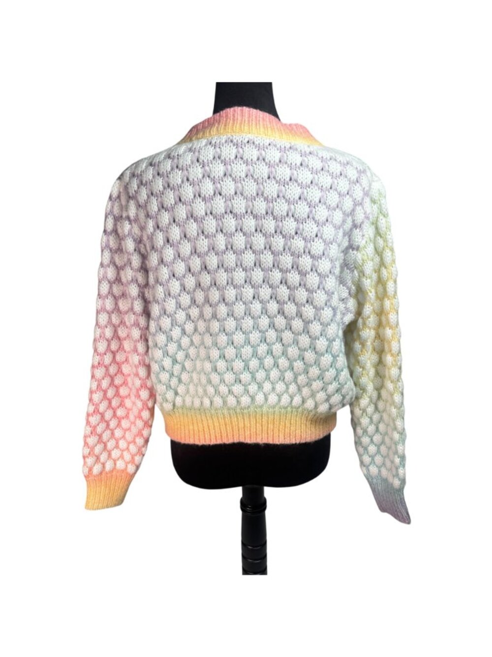 Pastel Rainbow Bubble Knit Cardigan Sweater, Pearl Buttons Colorblock size Large - Picture 3 of 12